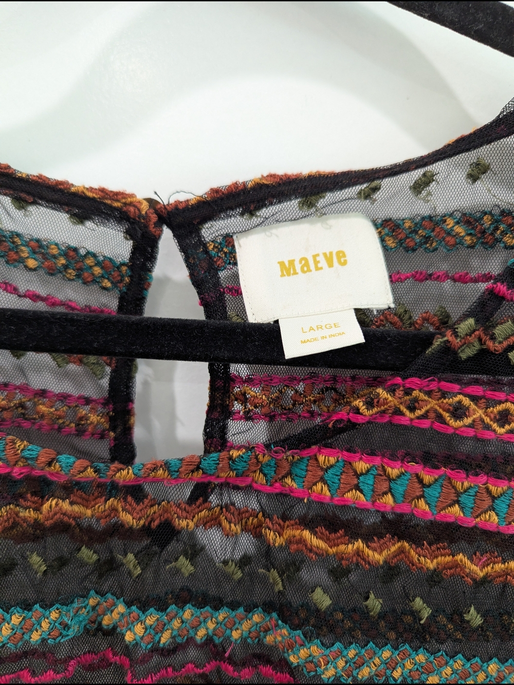 Maeve For Anthropologie Black Mesh Top with Multicolor Embroidery - Picture 5 of 7